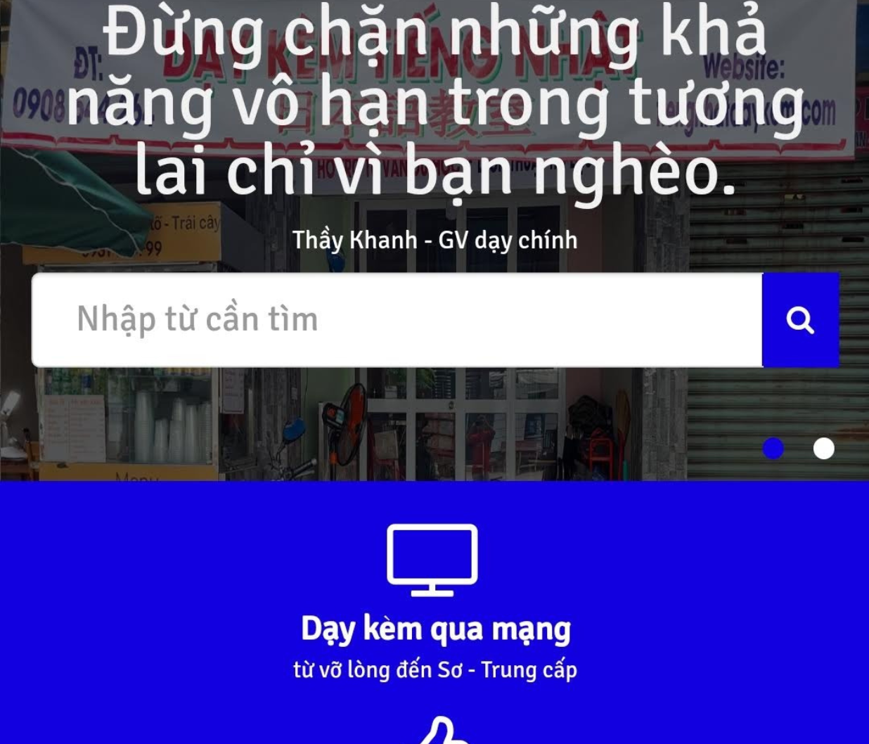 ảnh trang chủ của website "Dạy kèm tiếng Nhật" ghi các loại hình đào tạo của cơ sở